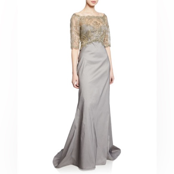 Tadashi Shoji Elbow SLV Gown W/Corded Lace Bodice & Taffeta Skirt Size 12P NEW - Picture 2 of 7